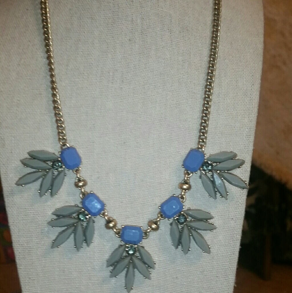 J. Crew Gold, Blue/Grey/Crystal Statement Necklace